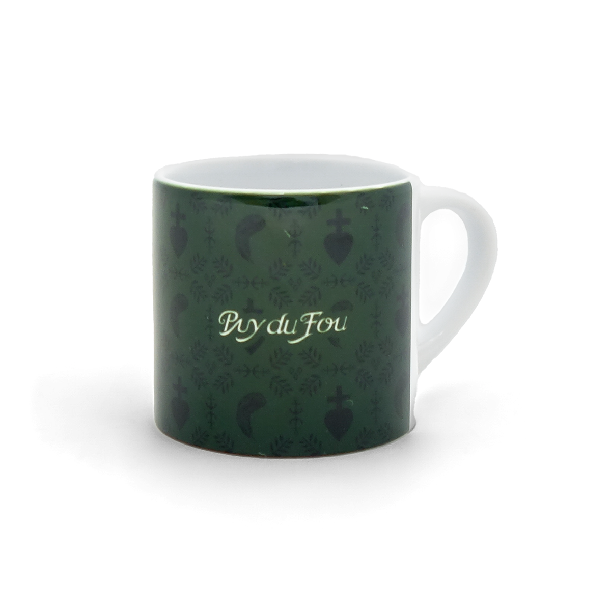 Verso du mini mug Le Dernier Panache avec la signature Puy du Fou en calligraphie blanche sur fond vert aux motifs vendéens