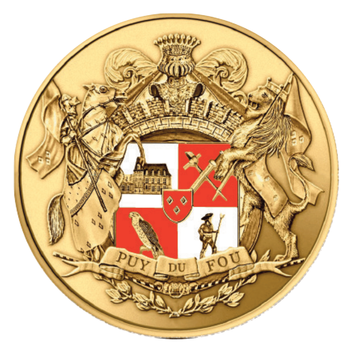 Jeton touristique Armoiries Puy du Fou – face avant détaillée avec chevalier, lion couronné, faucon, château et soldat, émaux rouge et blanc, Monnaie de Paris
