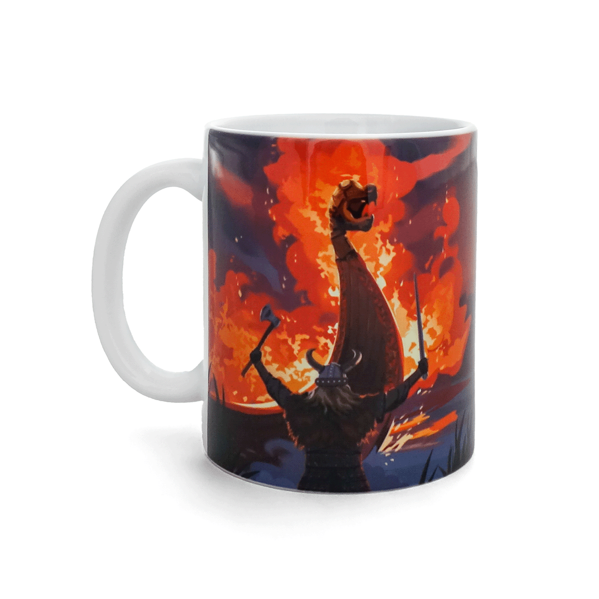 Mug affiche Les Vikings Puy du Fou – illustration d'un guerrier nordique brandissant ses armes face à un drakkar en flammes