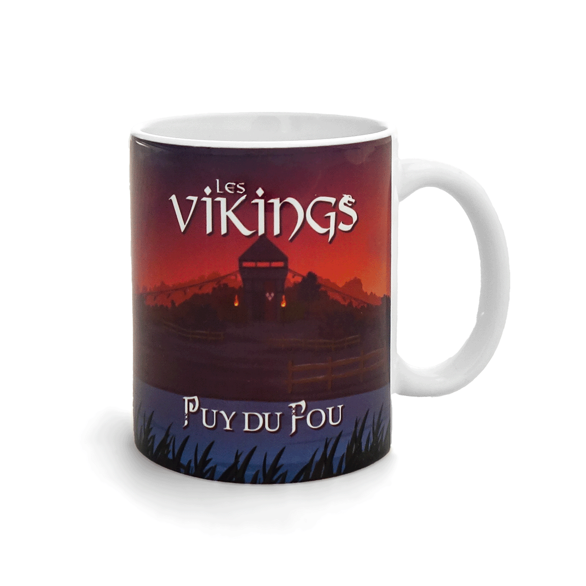 Mug affiche Les Vikings Puy du Fou – face titre du spectacle Les Vikings avec signature Puy du Fou sur fond nocturne