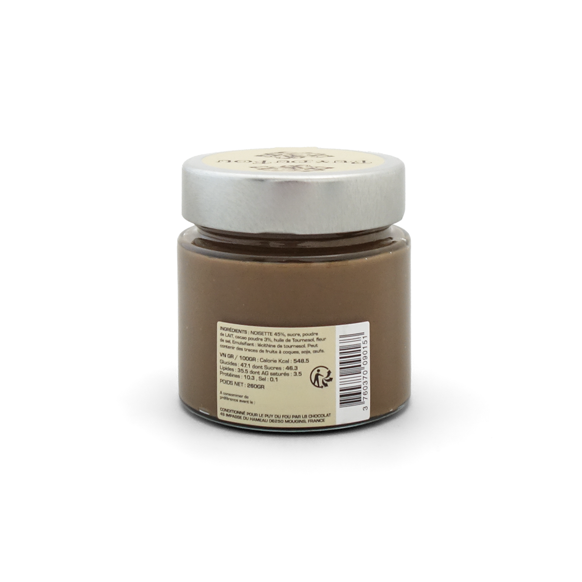 Dos du pot de pâte à tartiner artisanale noisettes et cacao Puy du Fou, étiquette ingrédients et informations nutritionnelles