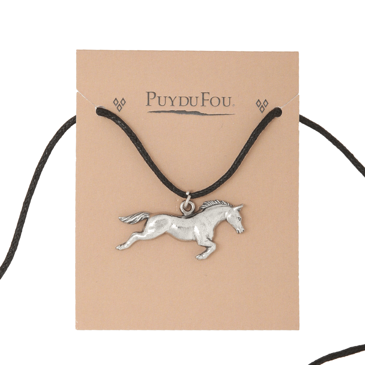 Pendentif cheval argenté - sur son carton avec cordon qui dépasse