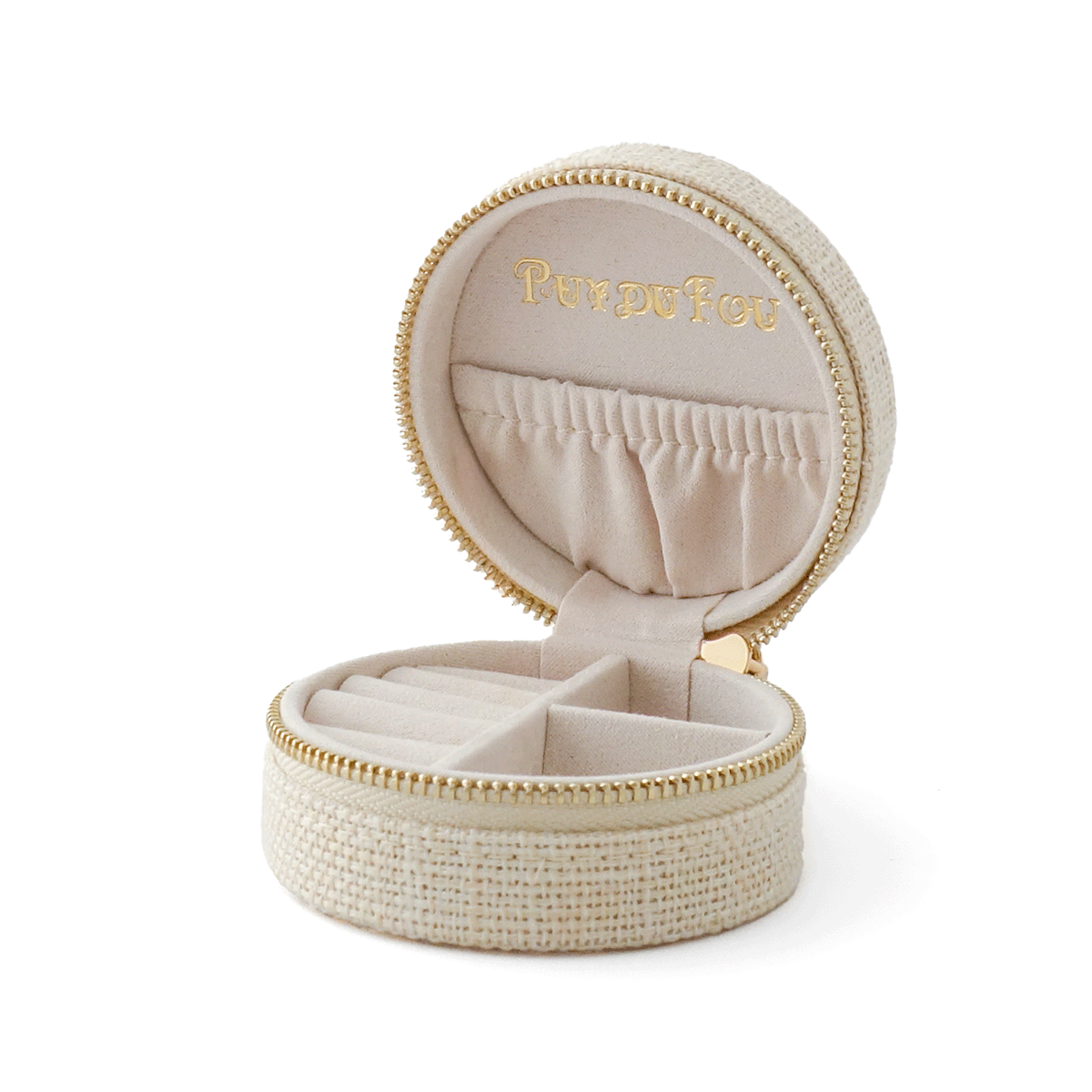 Petite boîte à bijoux lin Puy du Fou coloris beige ouverte – intérieur velours, compartiments et logo Puy du Fou doré