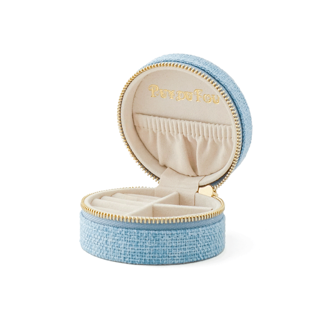 Petite boîte à bijoux lin Puy du Fou coloris bleu ouverte – vue en angle, intérieur velours et fermeture éclair dorée