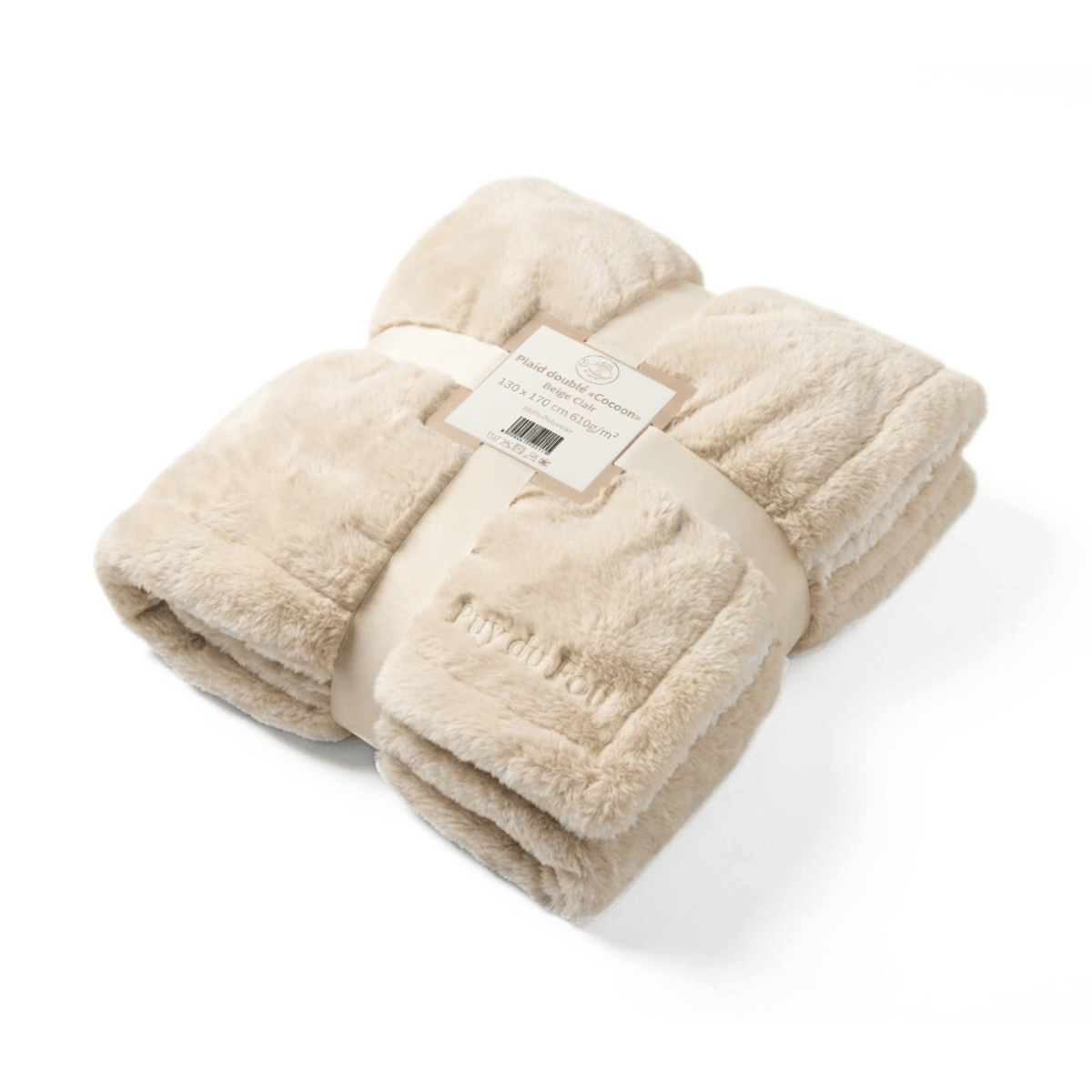 Plaid Puy du Fou – Doublé Effet Mouton beige, présentation pliée mettant en valeur la texture douce et épaisse.