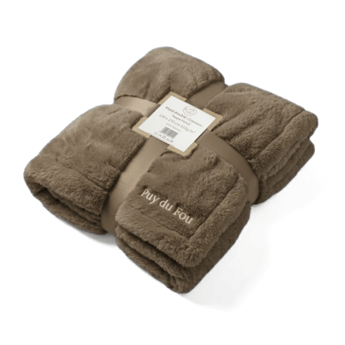 Plaid Puy du Fou – Doublé Effet Mouton taupe foncé, présentation pliée mettant en valeur la texture douce et épaisse.