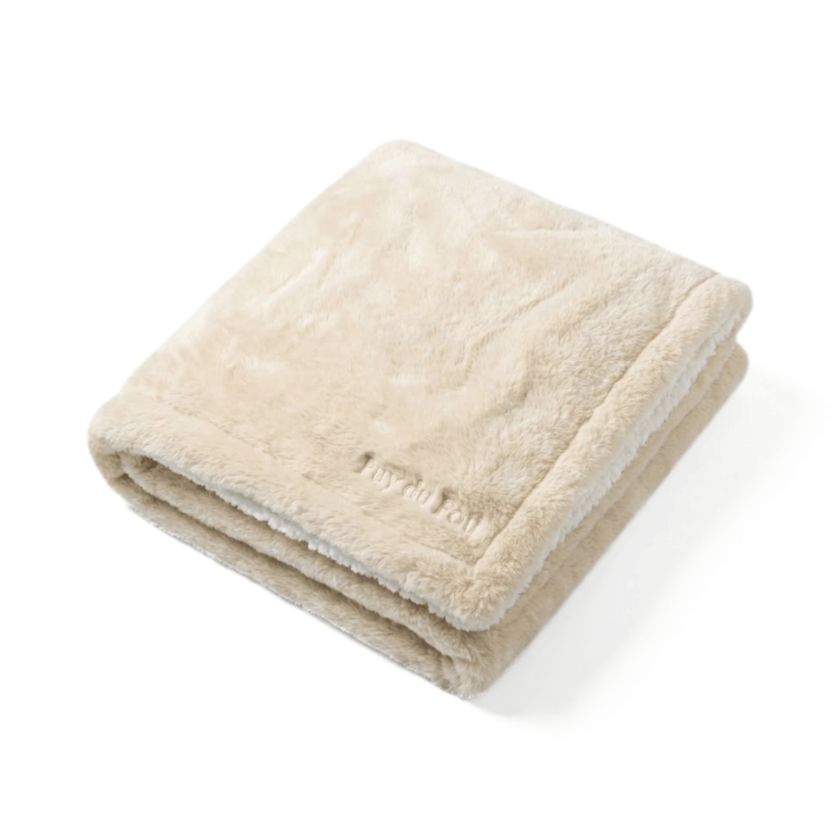 Plaid Puy du Fou – Doublé Effet Mouton beige, plié à plat, vue produit soulignant la texture moelleuse et élégante.