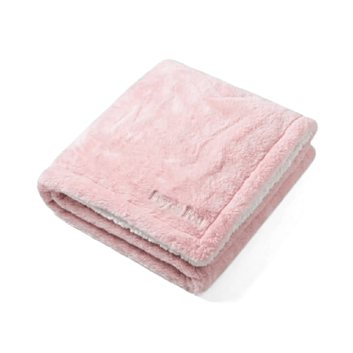 Plaid Puy du Fou – Doublé Effet Mouton rose, plié à plat, mettant en valeur la douceur du tissu et la finition brodée.