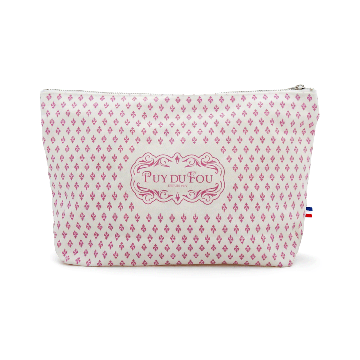 Pochette Puy du Fou 1900 motif fleurs de lys rose sur fond blanc, fermeture éclair, étiquette tricolore