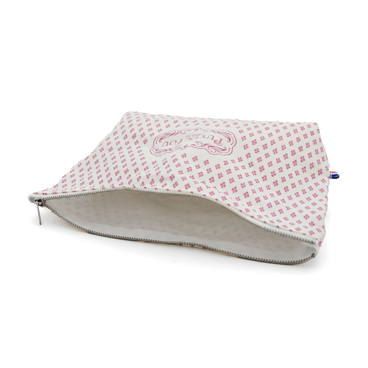 Pochette Puy du Fou 1900 coloris rose ouverte, détail fermeture éclair et intérieur blanc