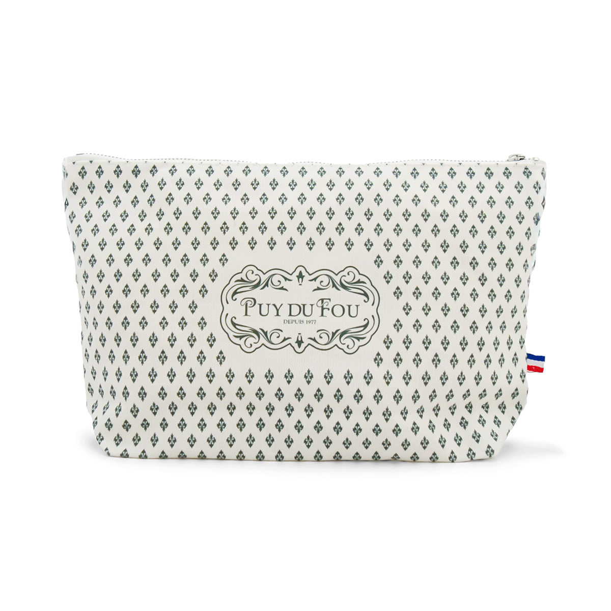 Pochette Puy du Fou 1900 motif fleurs de lys vert sur fond blanc, fermeture éclair, étiquette tricolore