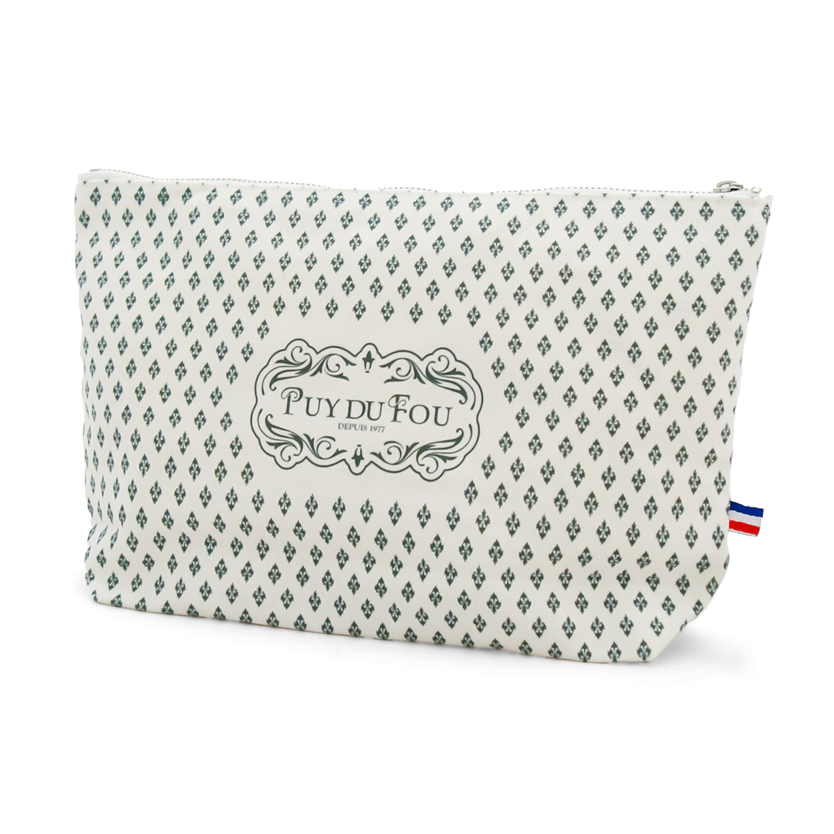 Pochette Puy du Fou 1900 motif fleurs de lys vert sur fond blanc, vue de côté, étiquette tricolore