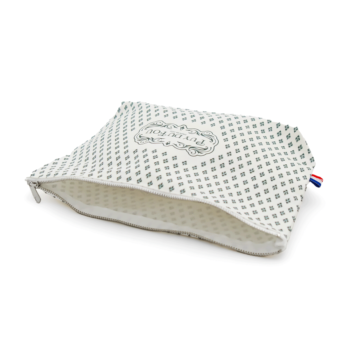 Pochette Puy du Fou 1900 coloris vert ouverte, détail fermeture éclair et intérieur blanc