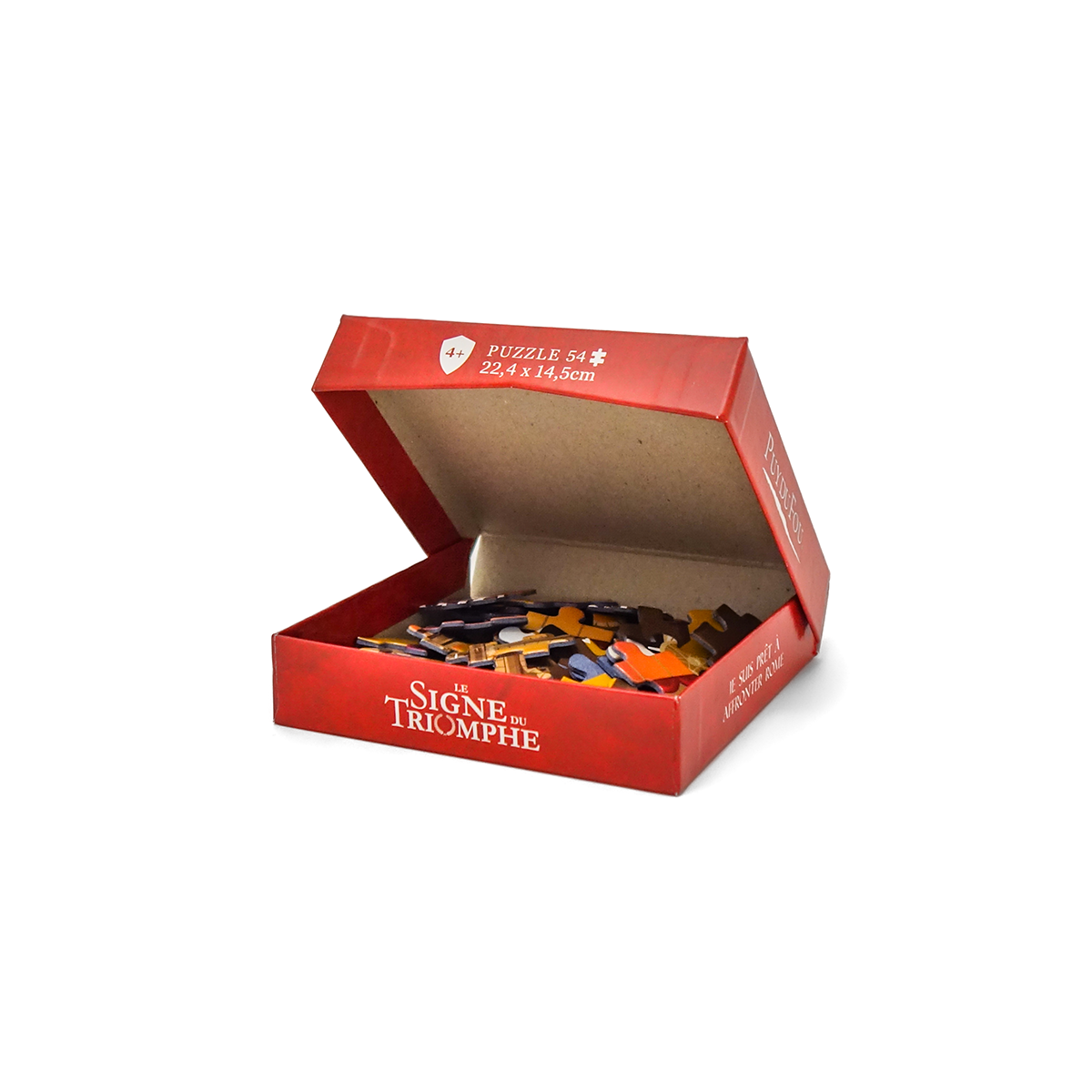 Boîte du puzzle Le Signe du Triomphe Puy du Fou ouverte, révélant les 54 pièces en carton à l'intérieur