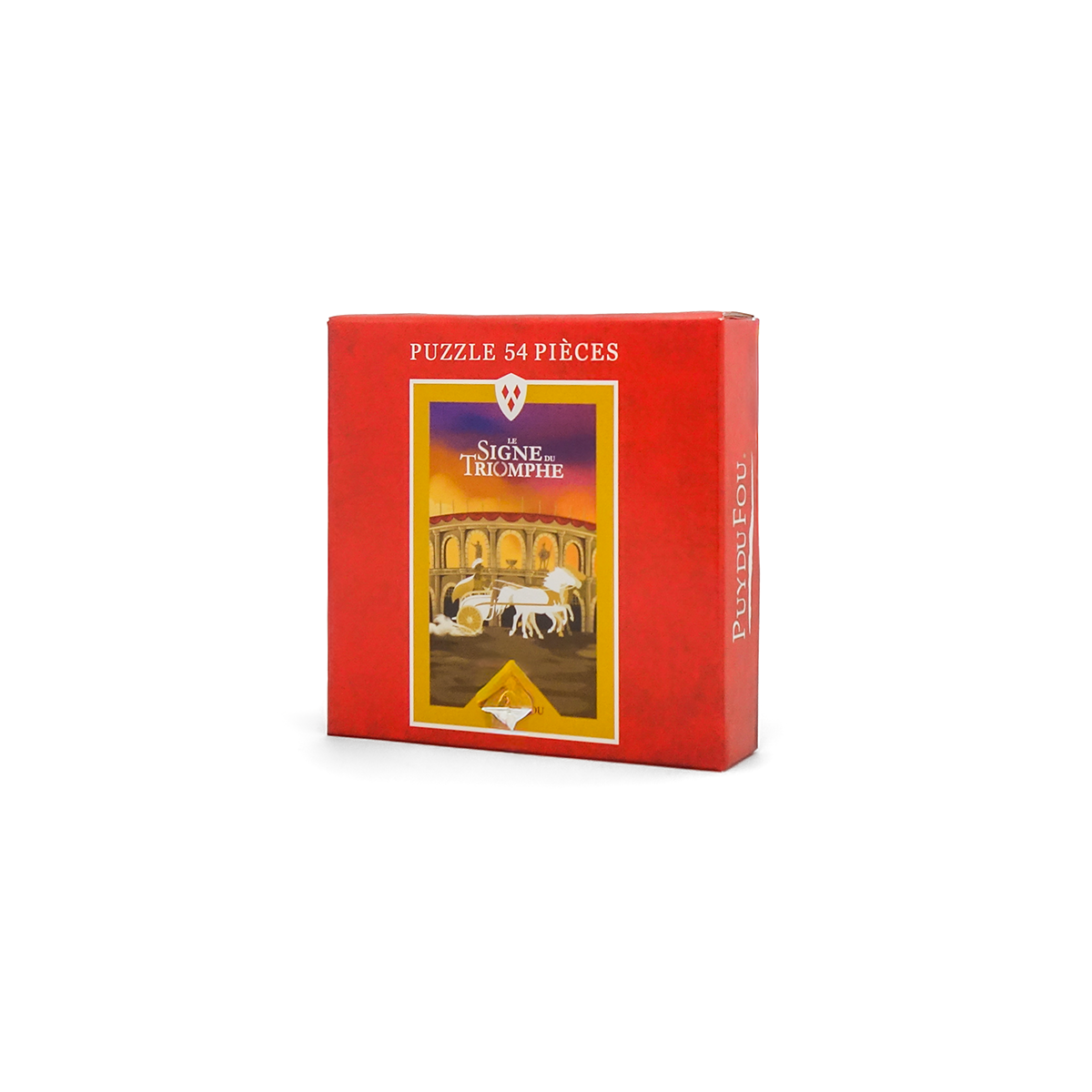 Vue de trois quarts de la boîte rouge du puzzle 54 pièces Le Signe du Triomphe Puy du Fou