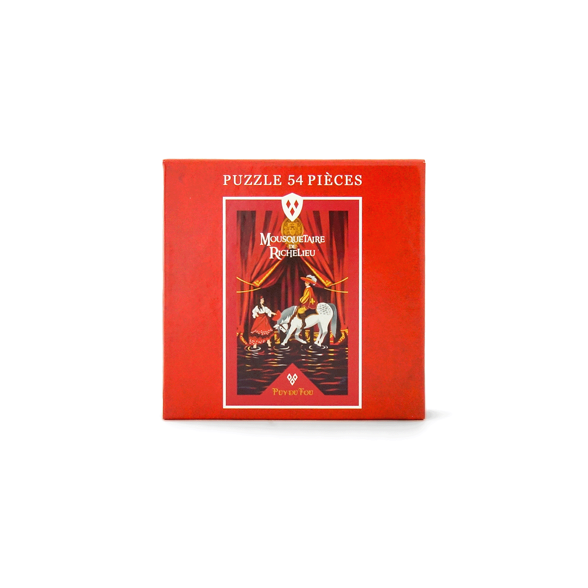 Face avant de la boîte rouge du puzzle 54 pièces Mousquetaire du Richelieu Puy du Fou avec illustration du mousquetaire à cheval