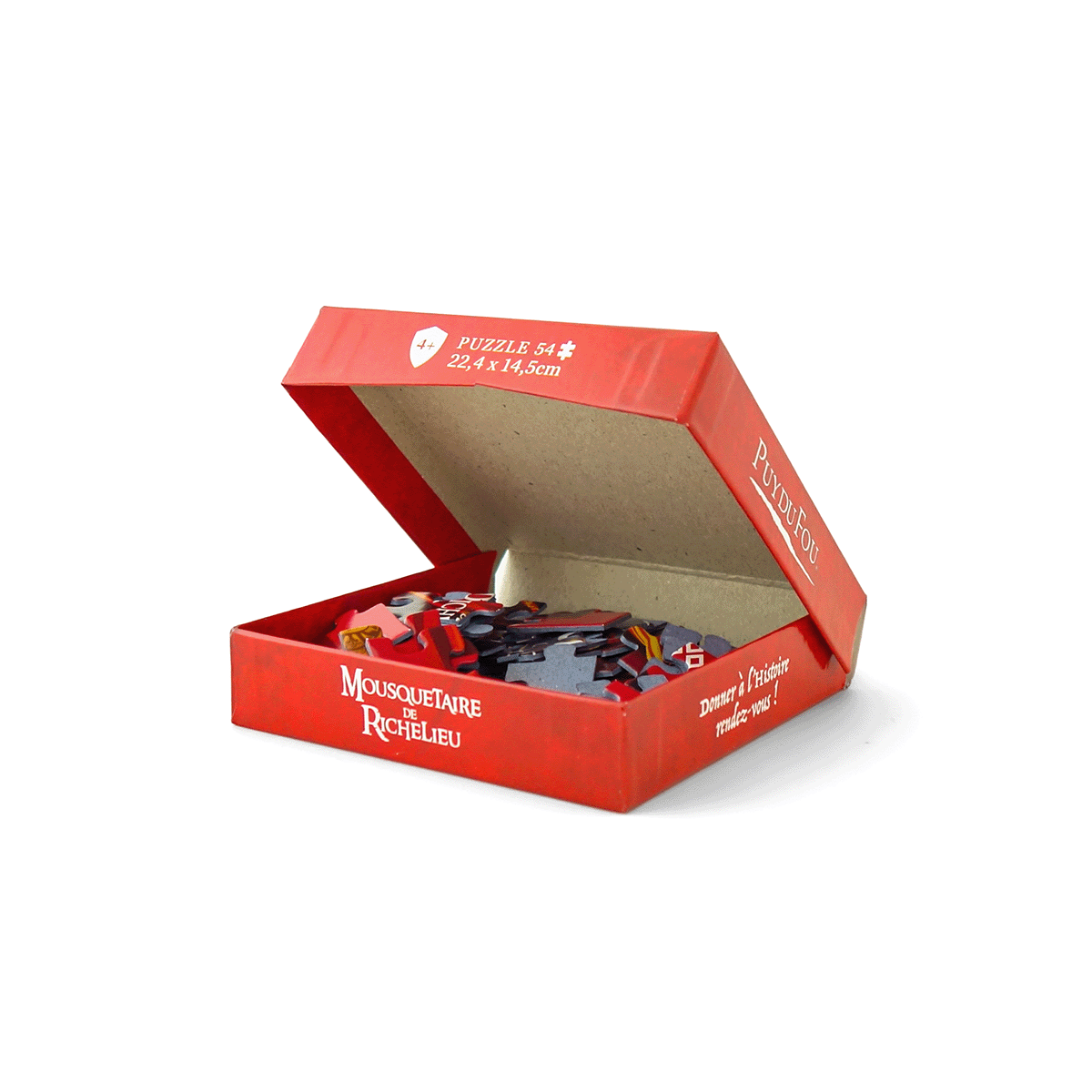 Boîte du puzzle Mousquetaire du Richelieu Puy du Fou ouverte, révélant les 54 pièces en carton à l'intérieur