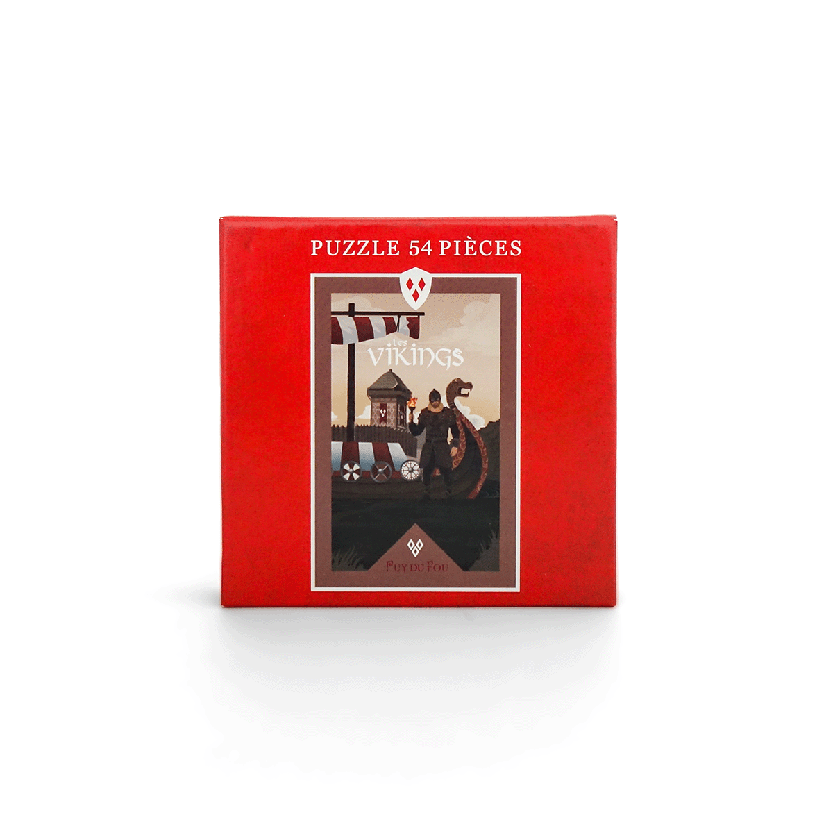Puzzle 54 pièces Les Vikings Puy du Fou – face avant de la boîte avec illustration du spectacle, viking et drakkar sur fond rouge
