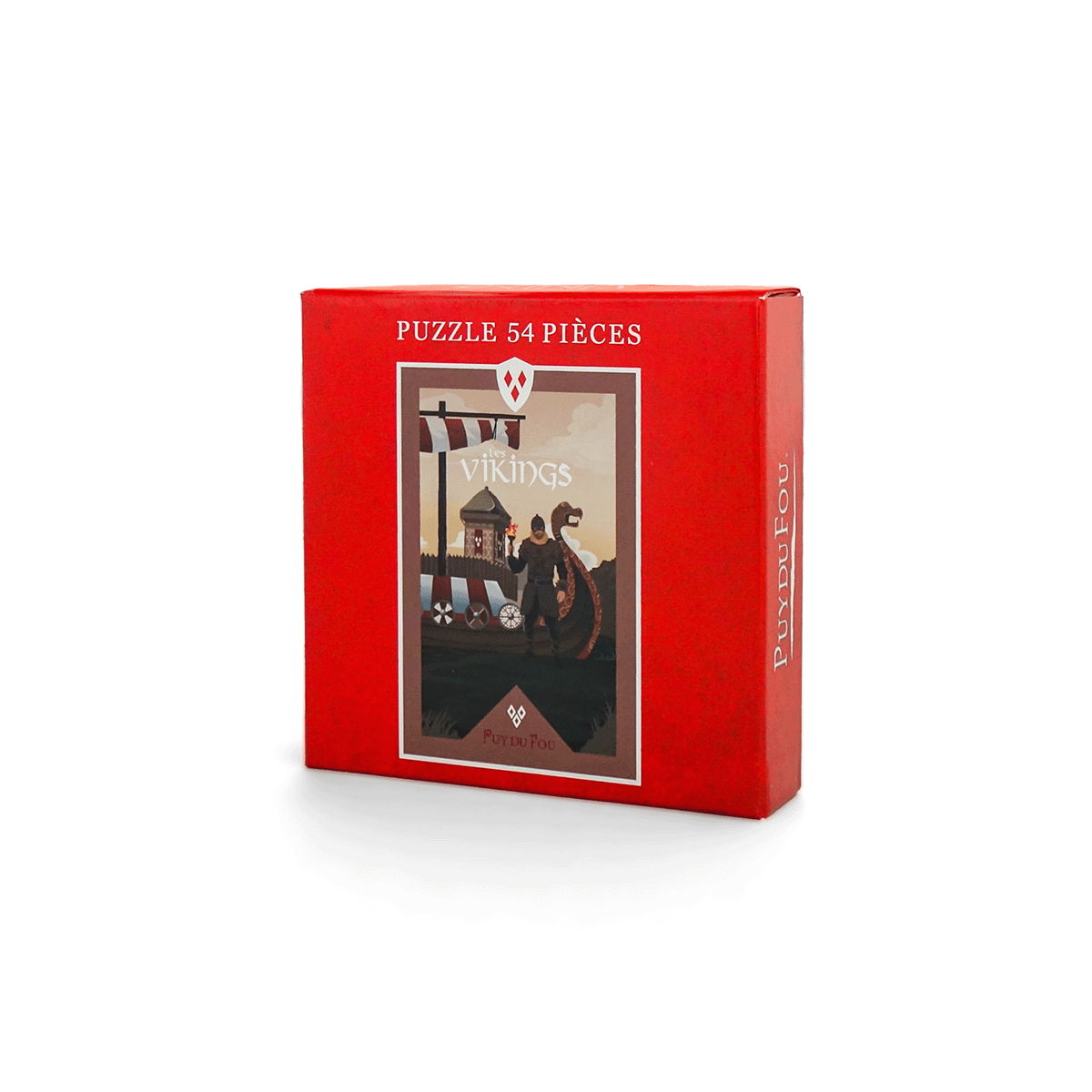 Puzzle 54 pièces Les Vikings Puy du Fou – boîte rouge avec affiche illustrée du spectacle, viking tenant une torche face au drakkar