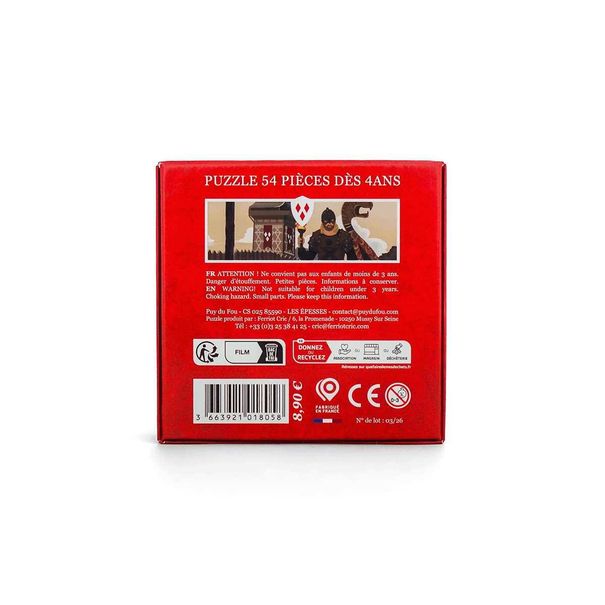 Dos de la boîte du puzzle 54 pièces Les Vikings Puy du Fou – informations produit, fabriqué en France, dès 4 ans
