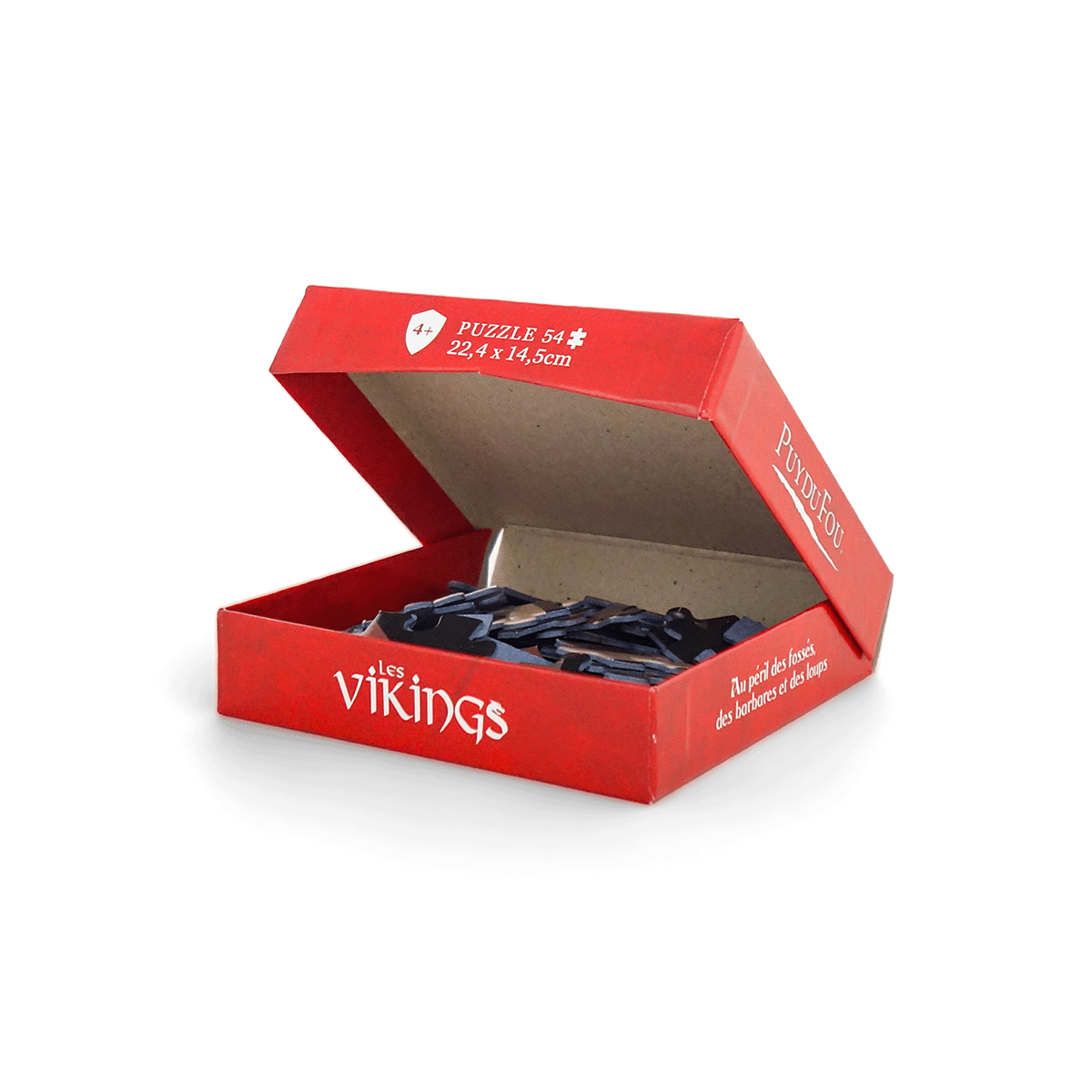 Puzzle Les Vikings Puy du Fou – boîte ouverte avec les 54 pièces, format 22,4 x 14,5 cm, dès 4 ans
