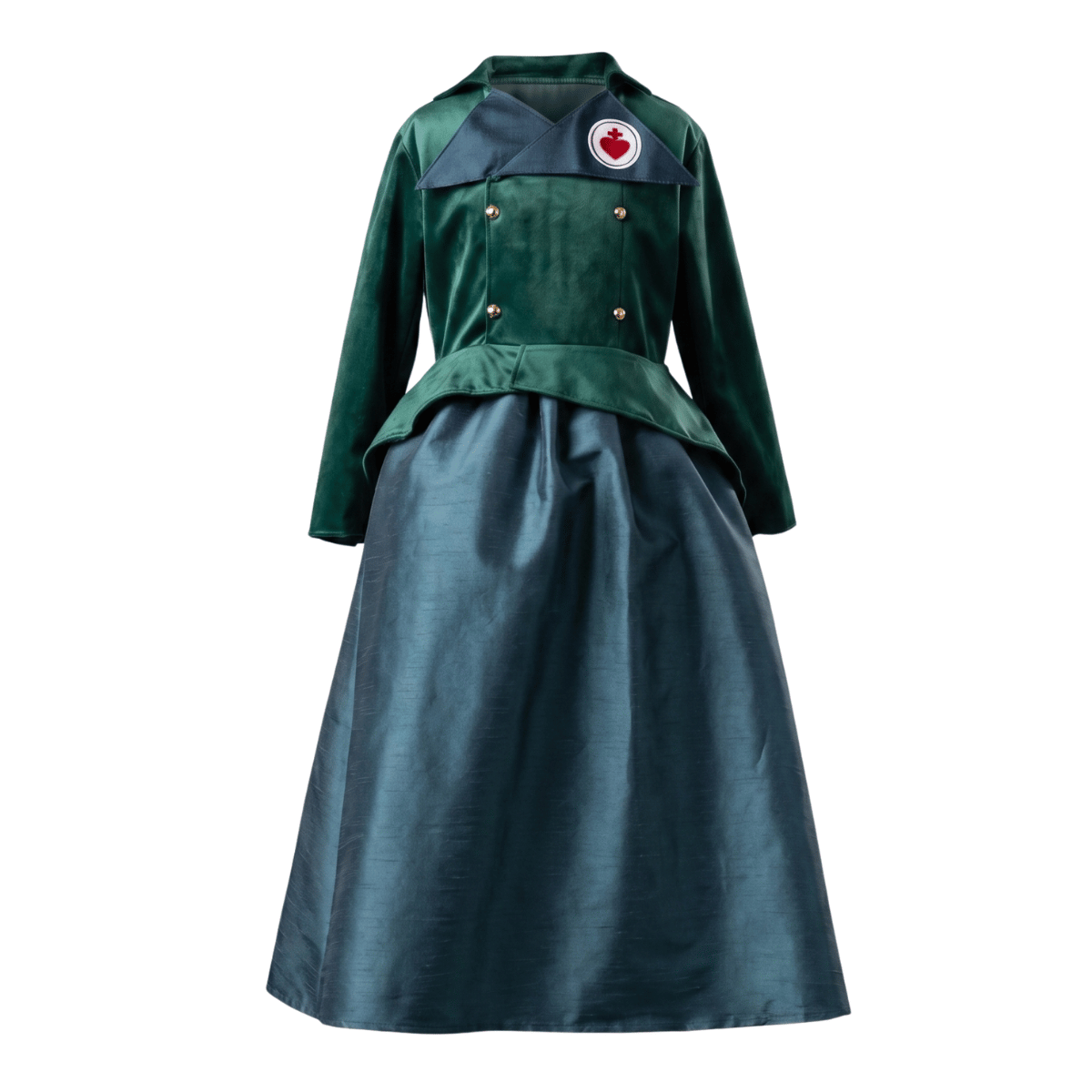 Robe déguisement enfant Céleste Bulkeley, amazone de Charette – velours vert et jupe taffetas – Le Dernier Panache Puy du Fou