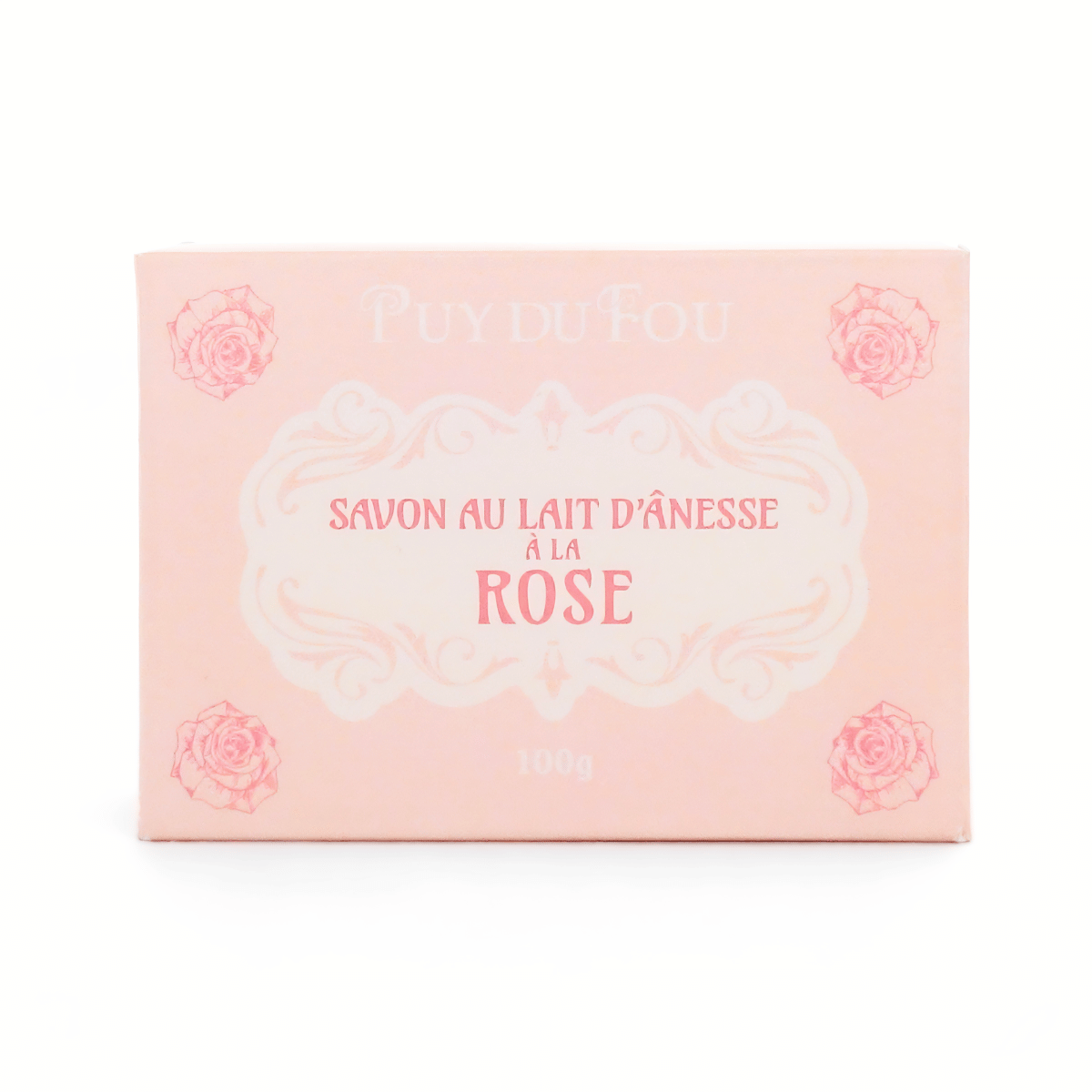 Boîte du savon au lait d'ânesse à la rose Puy du Fou – emballage rose illustré de roses, 100 g
