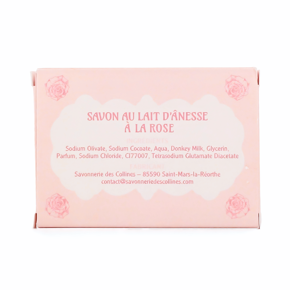 Composition et ingrédients INCI du savon au lait d'ânesse à la rose Puy du Fou, fabriqué par la Savonnerie des Collines en Vendée
