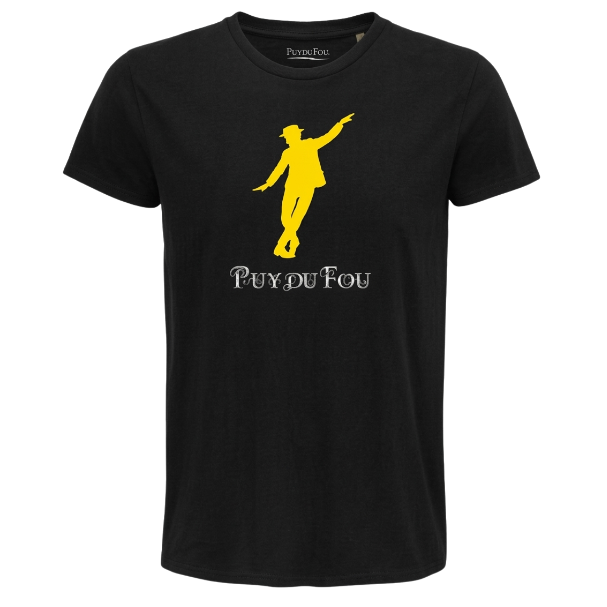 T-shirt noir Puy du Fou avec la silhouette jaune du Mime en mouvement et le logo Puy du Fou en lettrage blanc sur la poitrine