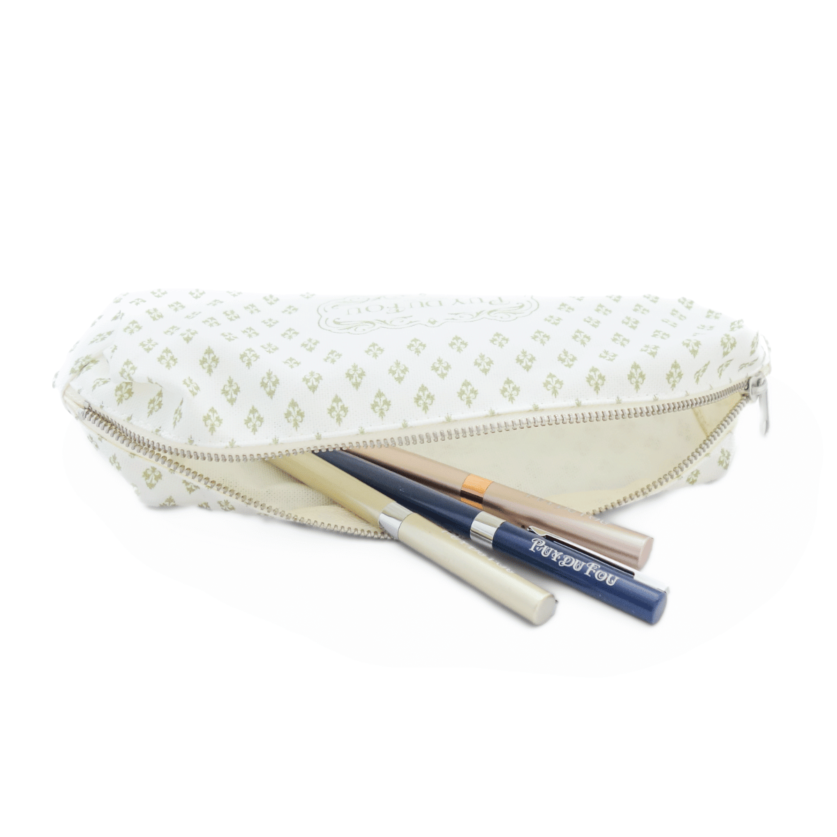 Trousse Puy du Fou 1900 verte - ouverte avec stylos