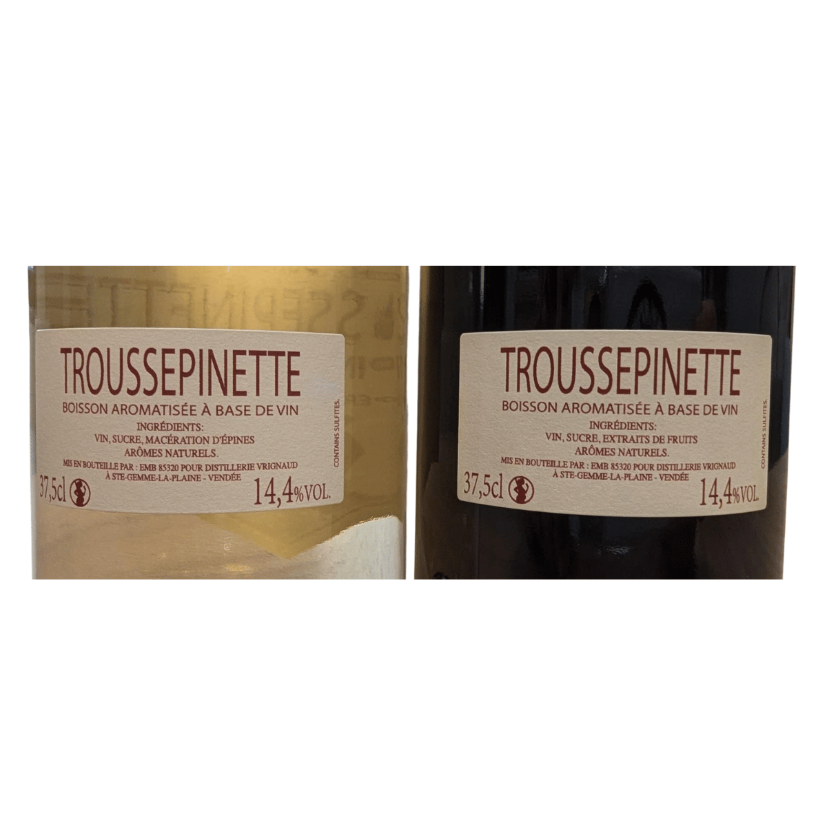Étiquette de la Troussepinette, boisson aromatisée à base de vin, mentionnant les ingrédients vin, sucre, macération d’épines et extraits de fruits, 37,5 cl, 14,4% vol, mise en bouteille par la distillerie Vrignaud en Vendée.