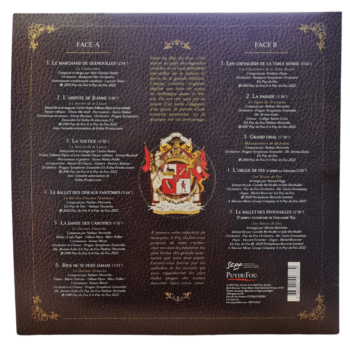 Vinyle des Musiques du Puy du Fou 2022, affichant des illustrations et le titre au verso. boutique officielle du Puy du Fou.