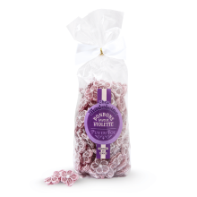 Sachet de bonbons saveur violette - de face avec bonbons sortis