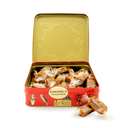 Boite ouverte de caramels tendre armoiries Puy du Fou 
