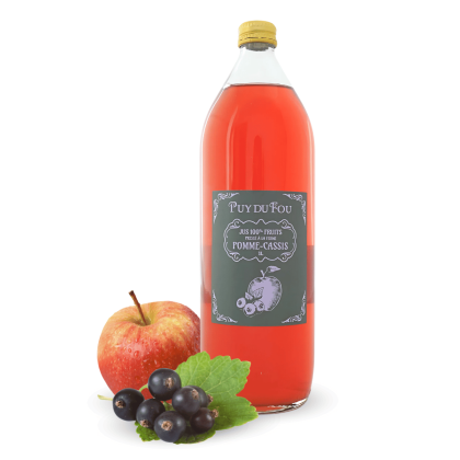 Jus de pomme-cassis - bouteille de face avec fruits
