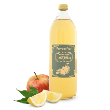Jus de pomme-citron - bouteille de face avec fruits