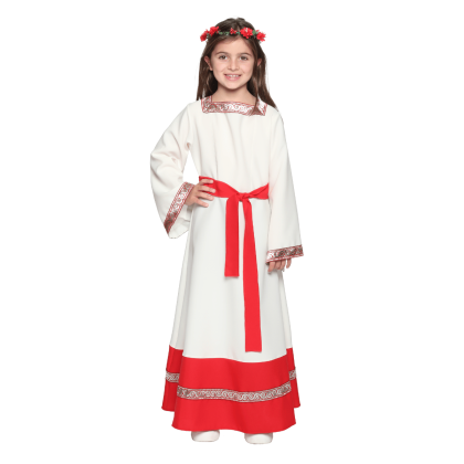 Robe déguisement Sybèle portée avec couronne de fleur rouge - de face
