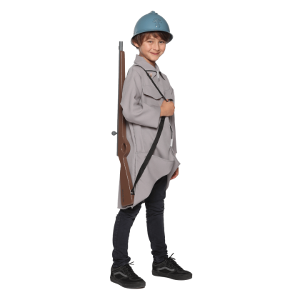 Veste déguisement poilu + casque + fusil portés de profil